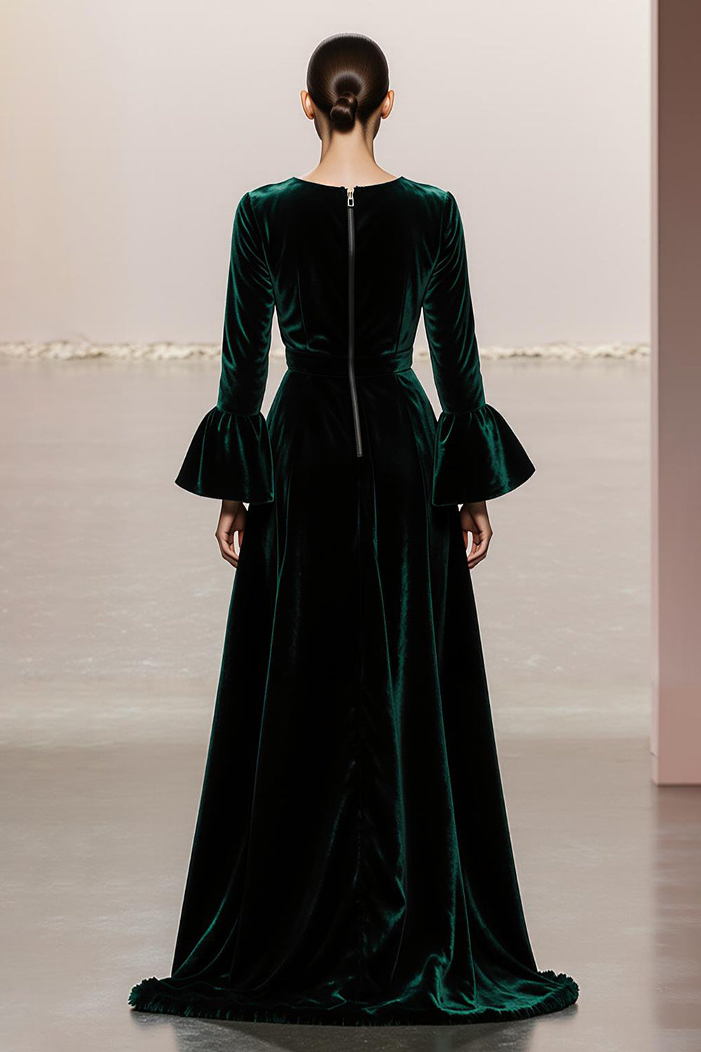 Dark Green Round Neck Velvet A Line Long Formal Dress with Sleeves