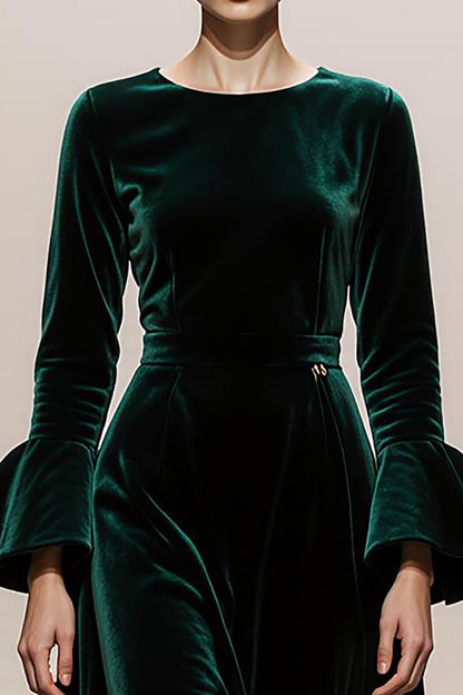 Dark Green Round Neck Velvet A Line Long Formal Dress with Sleeves