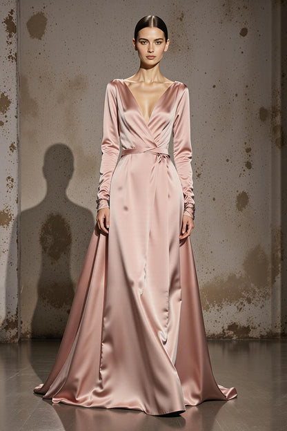 Light Pink Satin A Line V-Neck Long Formal Dress with Sleeves