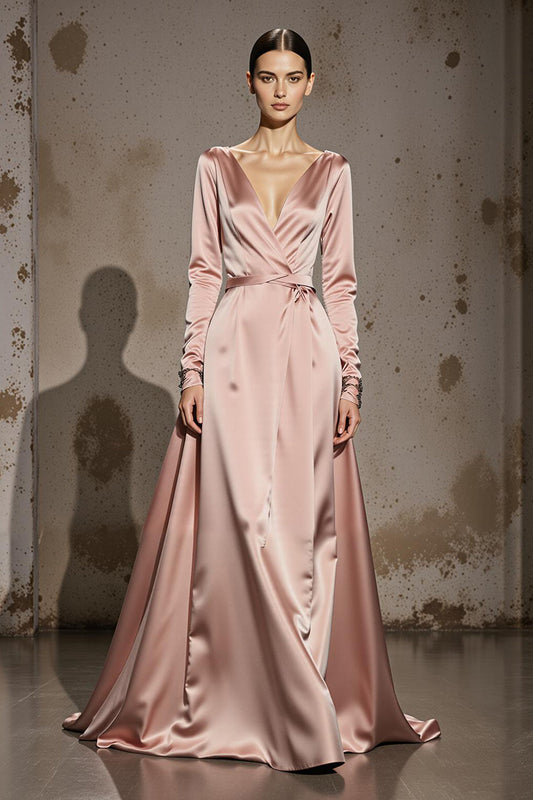 Light Pink Satin A Line V-Neck Long Formal Dress with Sleeves