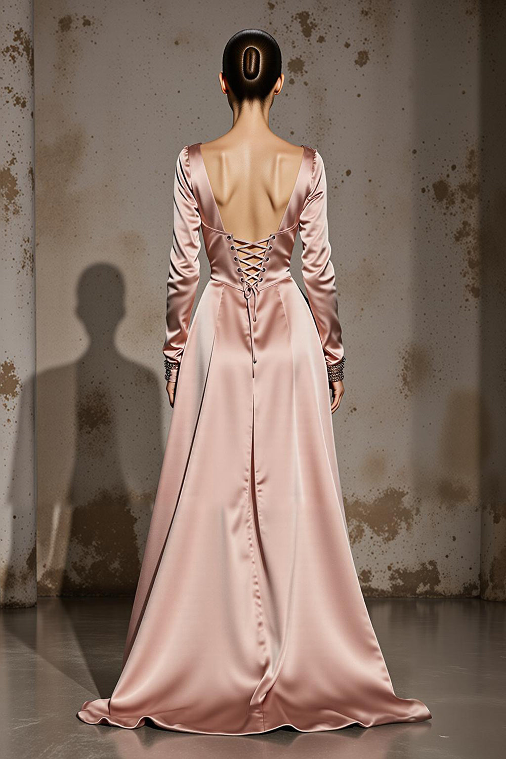 Light Pink Satin A Line V-Neck Long Formal Dress with Sleeves