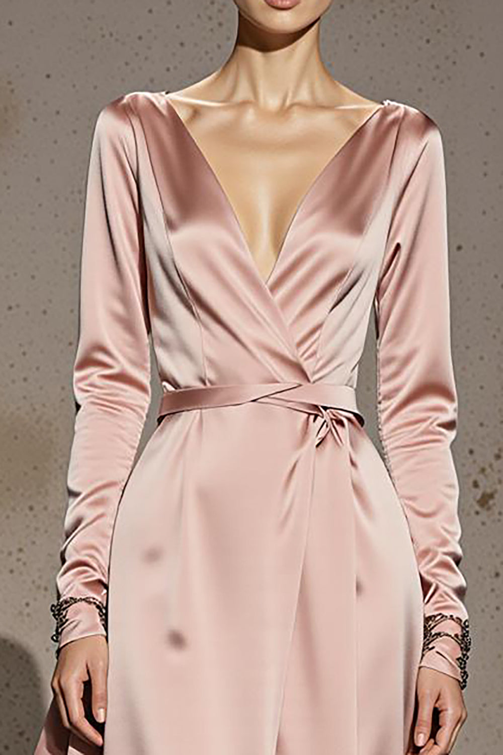 Light Pink Satin A Line V-Neck Long Formal Dress with Sleeves