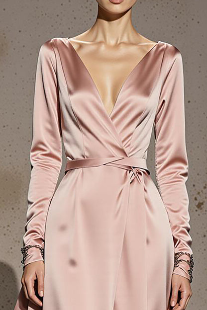 Light Pink Satin A Line V-Neck Long Formal Dress with Sleeves