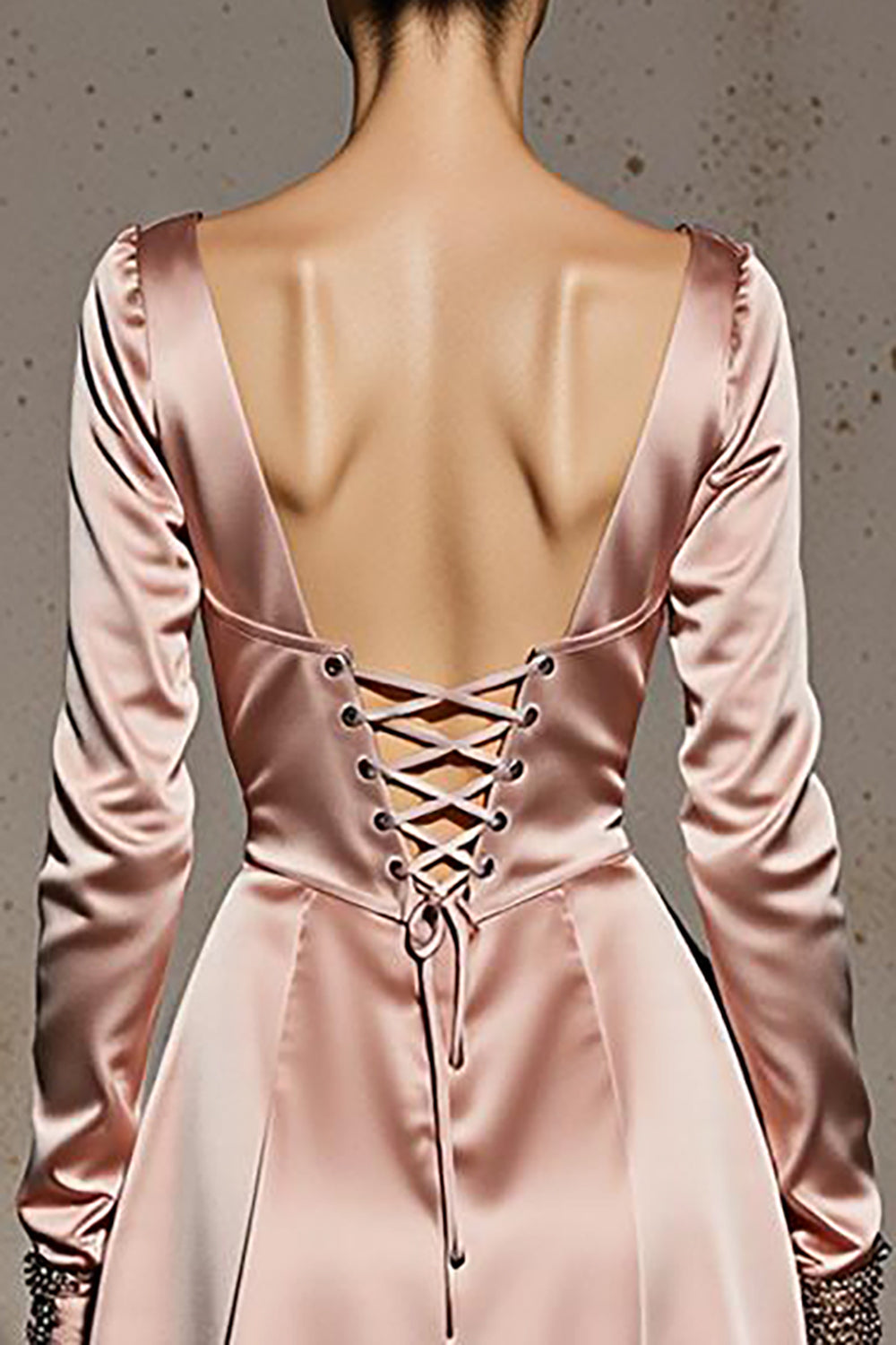 Light Pink Satin A Line V-Neck Long Formal Dress with Sleeves
