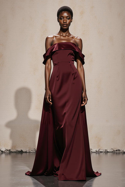 Burgundy Off the Shoulder Satin A Line Long Formal Dress