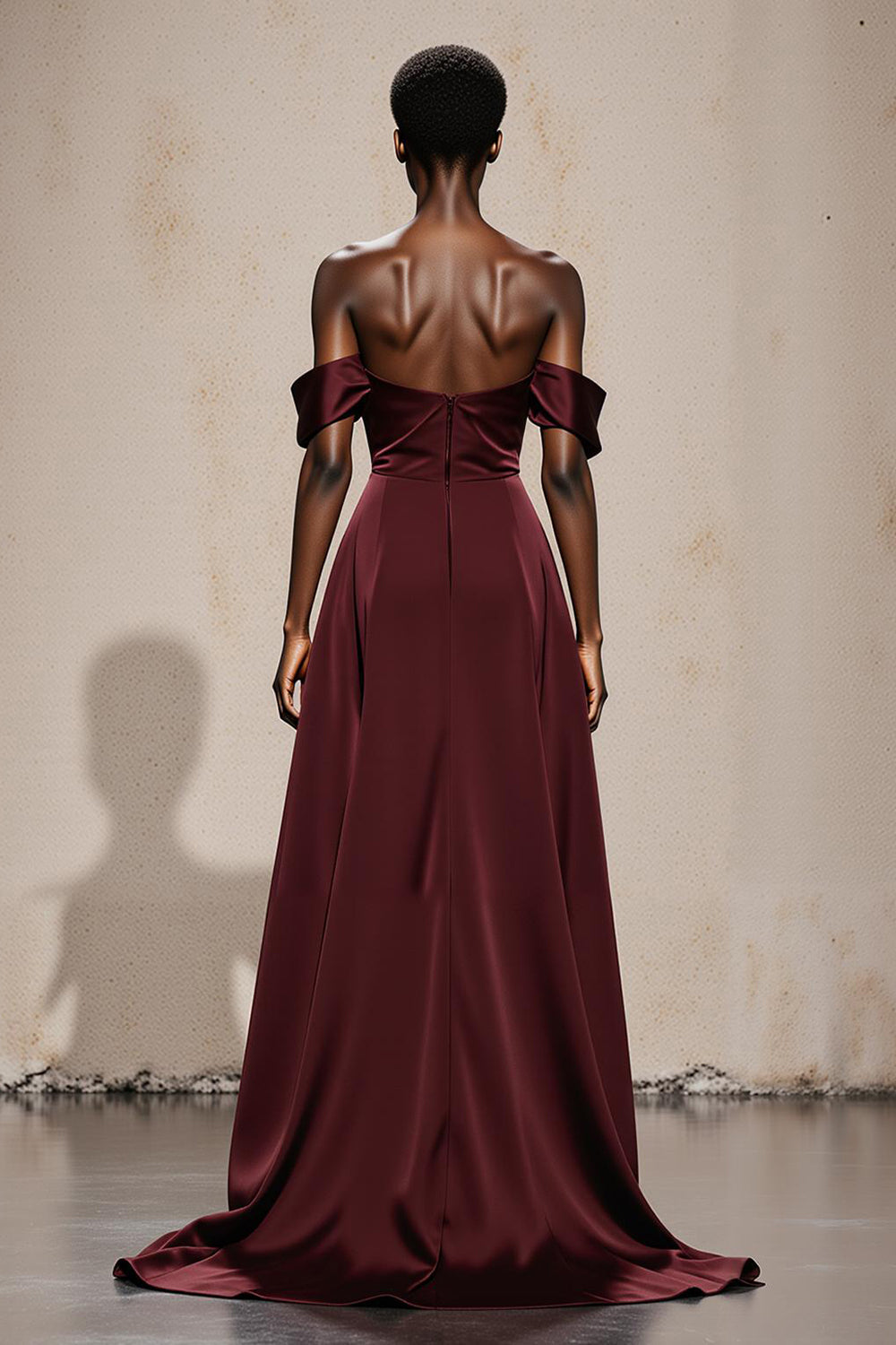 Burgundy Off the Shoulder Satin A Line Long Formal Dress