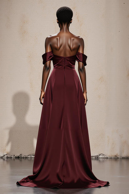 Burgundy Off the Shoulder Satin A Line Long Formal Dress