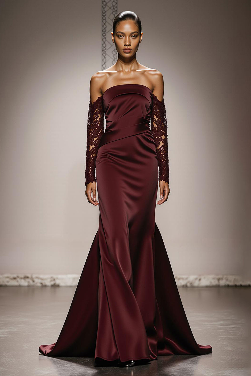 Burgundy Satin Mermaid Off the Shoulder Long Formal Dress with Lace