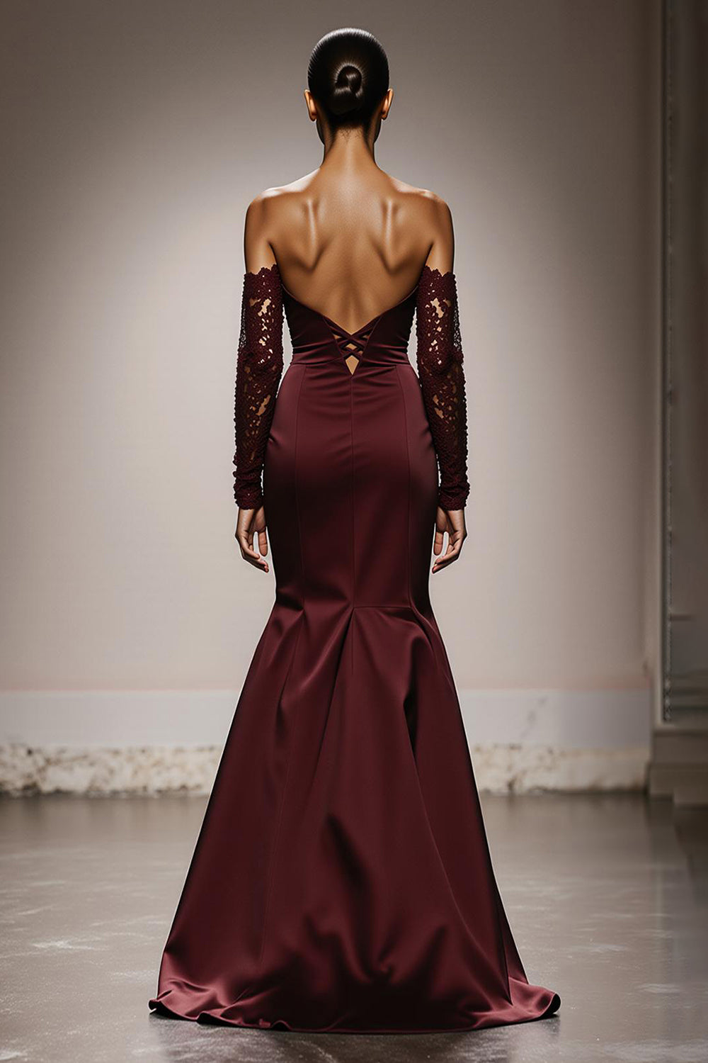 Burgundy Satin Mermaid Off the Shoulder Long Formal Dress with Lace
