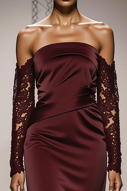 Burgundy Satin Mermaid Off the Shoulder Long Formal Dress with Lace