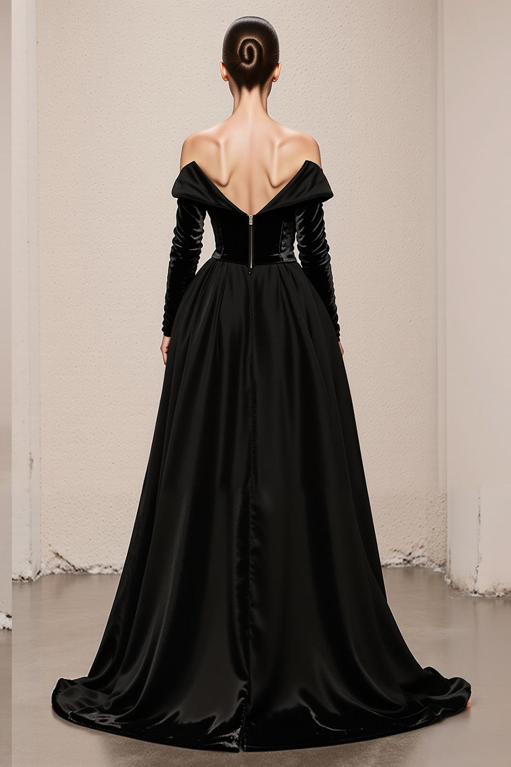 Black Velvet A Line Off the Shoulder Long Holiday Party Dress with Slit