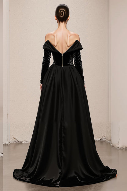 Black Velvet A Line Off the Shoulder Long Holiday Party Dress with Slit