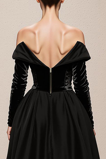 Black Velvet A Line Off the Shoulder Long Holiday Party Dress with Slit