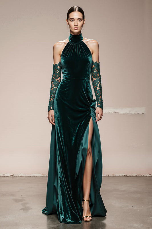 Dark Green Velvet Halter Long Holiday Party Dress with Slit