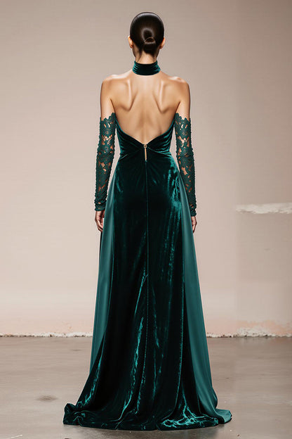 Dark Green Velvet Halter Long Holiday Party Dress with Slit