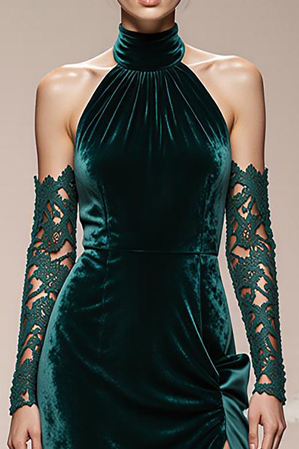 Dark Green Velvet Halter Long Holiday Party Dress with Slit
