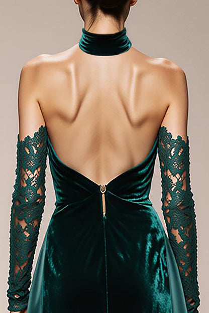 Dark Green Velvet Halter Long Holiday Party Dress with Slit