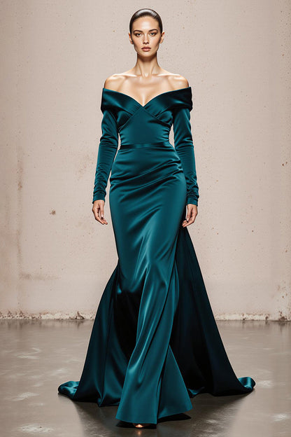 Peacock Green Mermaid Satin Off the Shoulder Long Sleeves Formal Dress