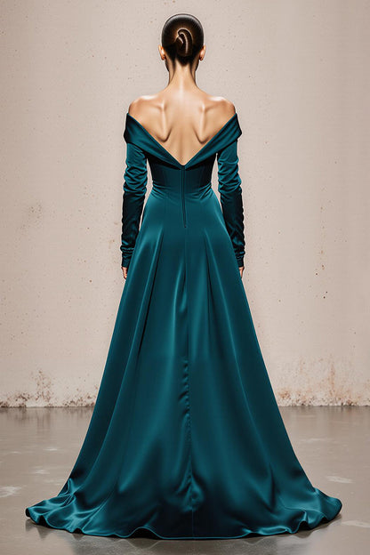 Peacock Green Mermaid Satin Off the Shoulder Long Sleeves Formal Dress