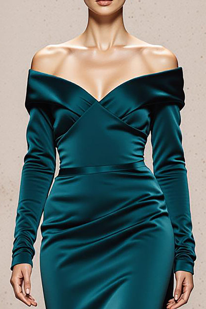 Peacock Green Mermaid Satin Off the Shoulder Long Sleeves Formal Dress