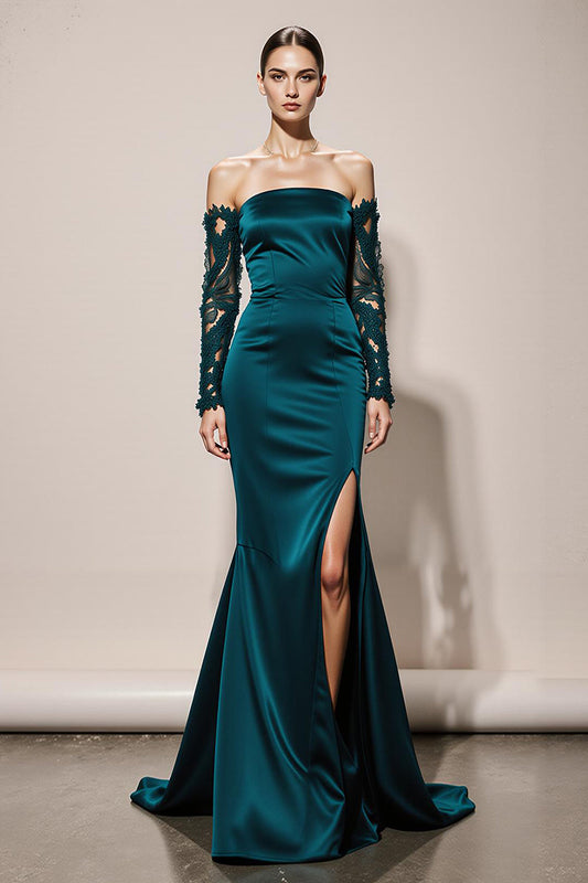 Peacock Green Satin Mermaid Off the Shoulder Long Formal Dress with Lace