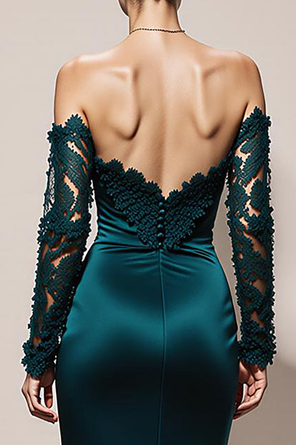 Peacock Green Satin Mermaid Off the Shoulder Long Formal Dress with Lace