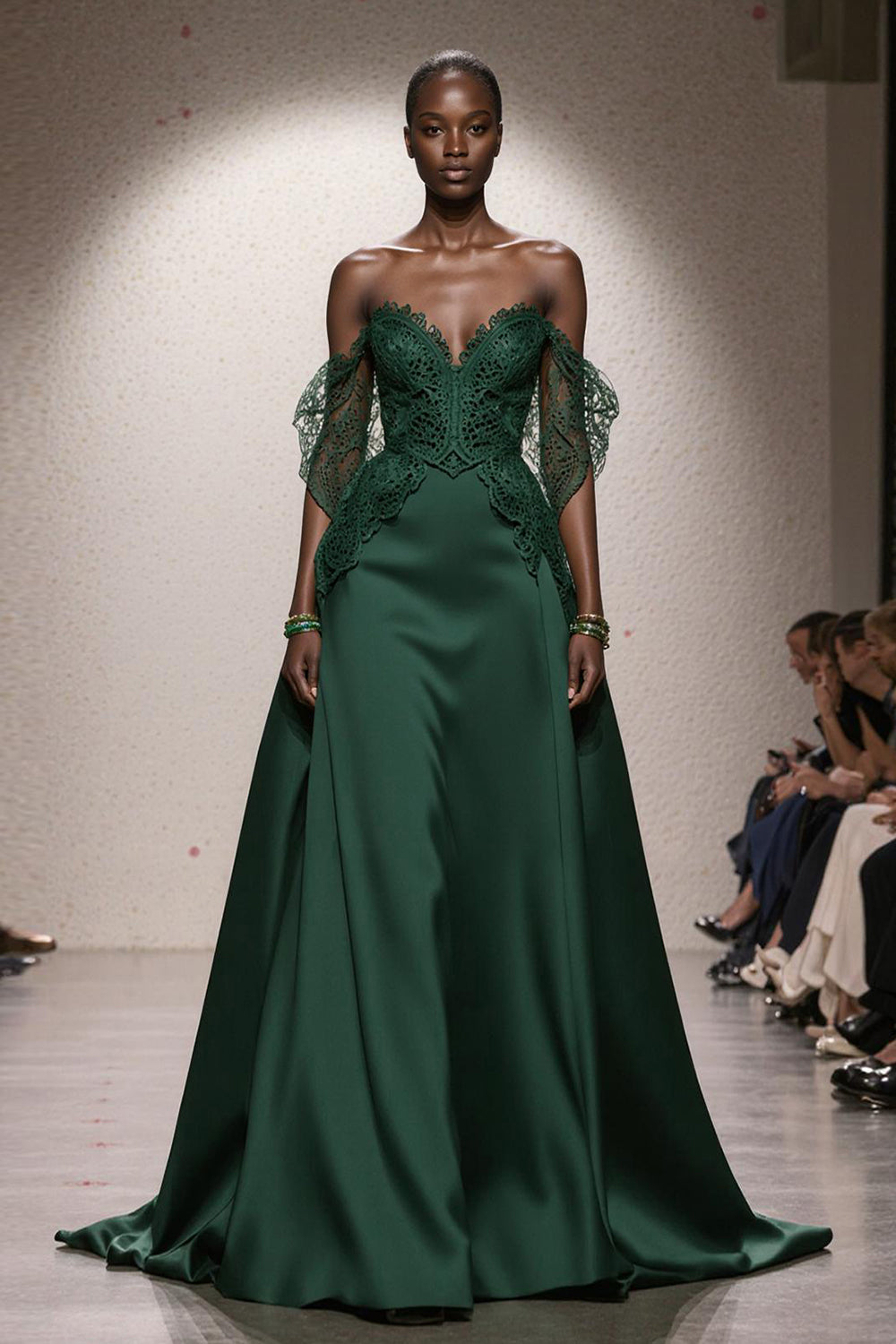 Dark Green A Line Satin Off the Shoulder Long Formal Dress with Lace