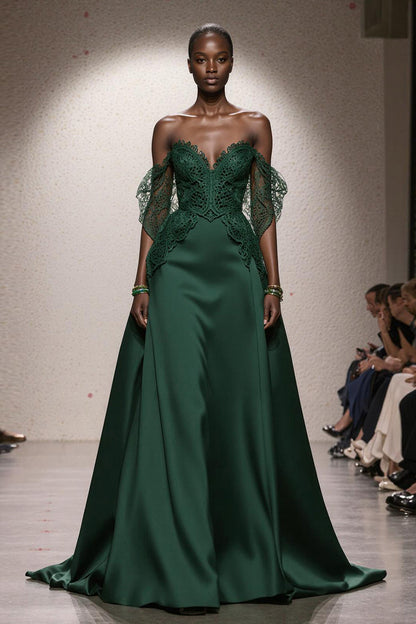 Dark Green A Line Satin Off the Shoulder Long Formal Dress with Lace