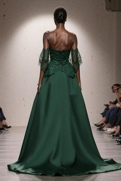 Dark Green A Line Satin Off the Shoulder Long Formal Dress with Lace