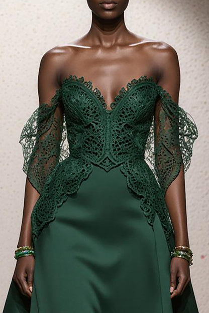 Dark Green A Line Satin Off the Shoulder Long Formal Dress with Lace