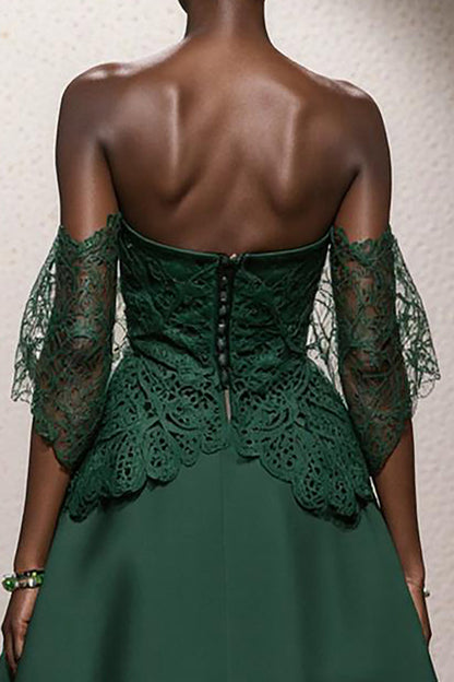 Dark Green A Line Satin Off the Shoulder Long Formal Dress with Lace