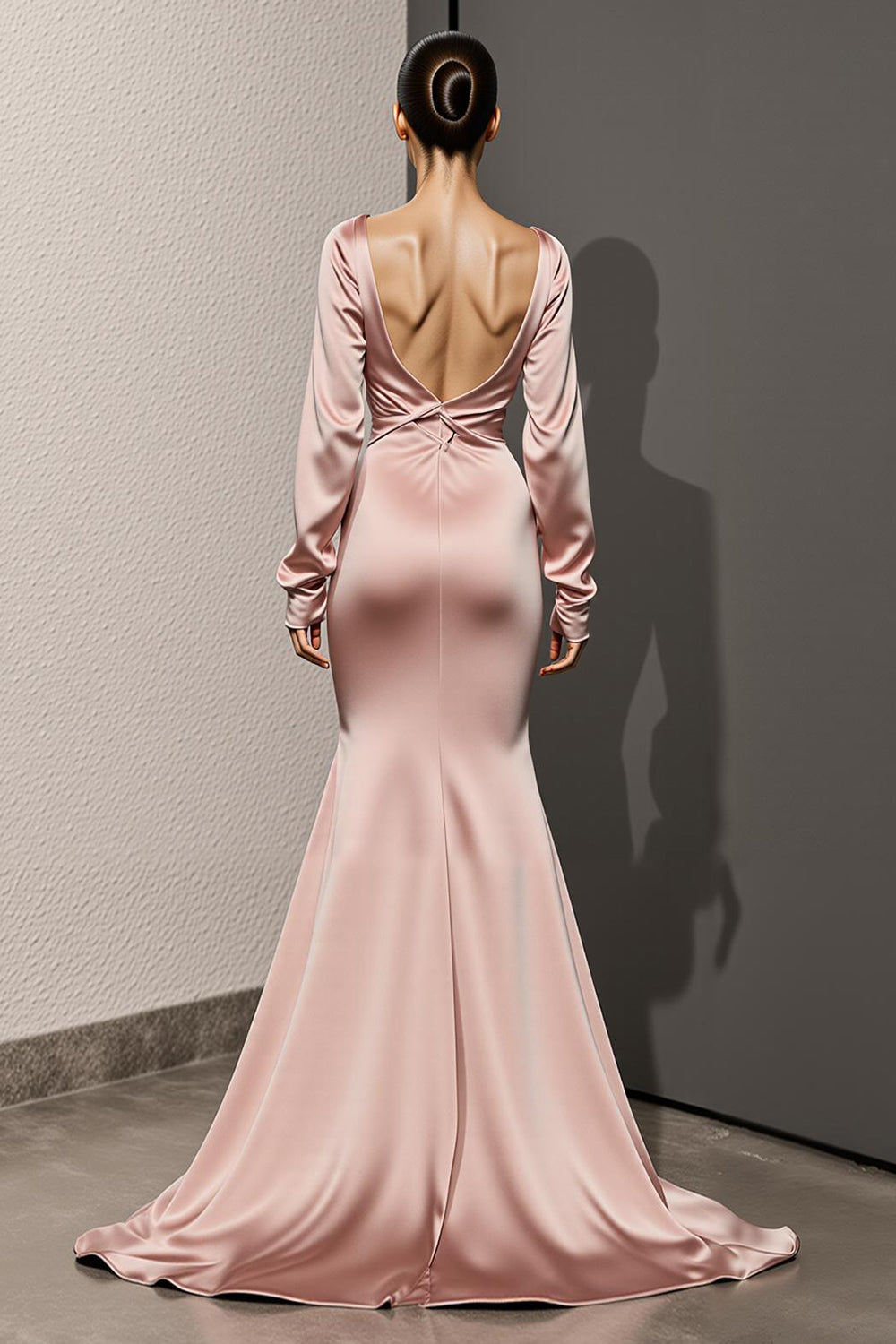 Light Pink Satin Mermaid Backless Long Sleeves Formal Dress
