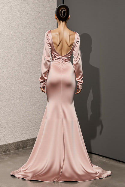 Light Pink Satin Mermaid Backless Long Sleeves Formal Dress