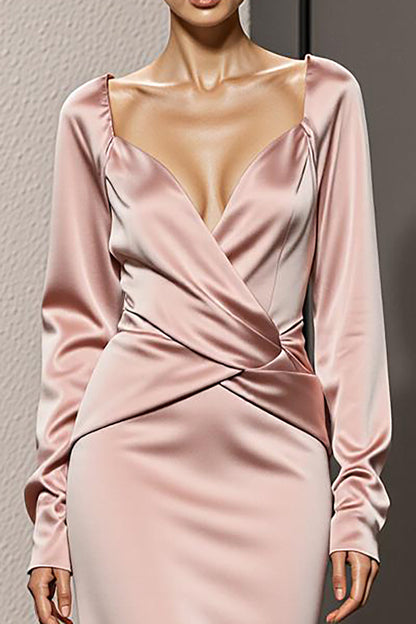 Light Pink Satin Mermaid Backless Long Sleeves Formal Dress