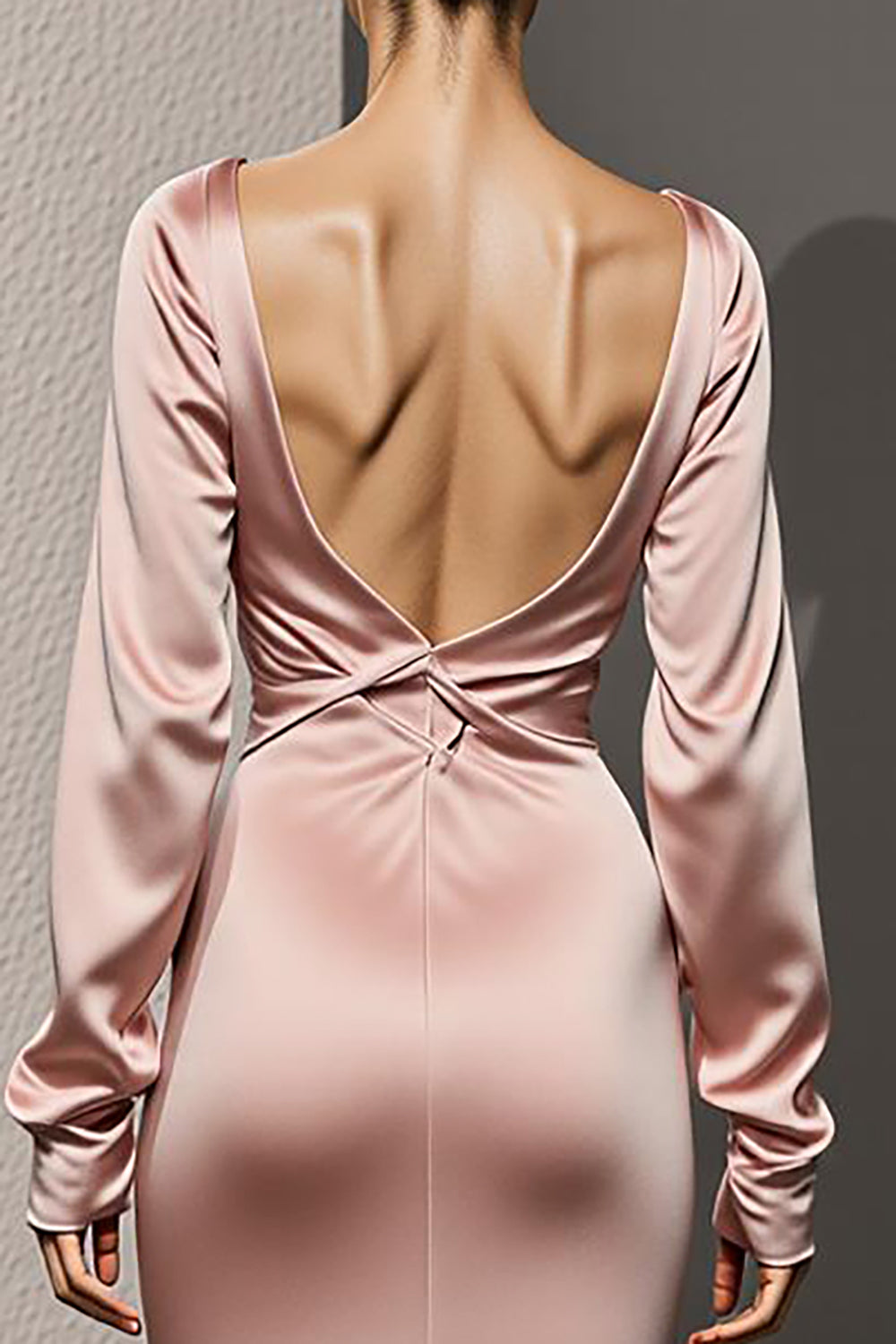 Light Pink Satin Mermaid Backless Long Sleeves Formal Dress