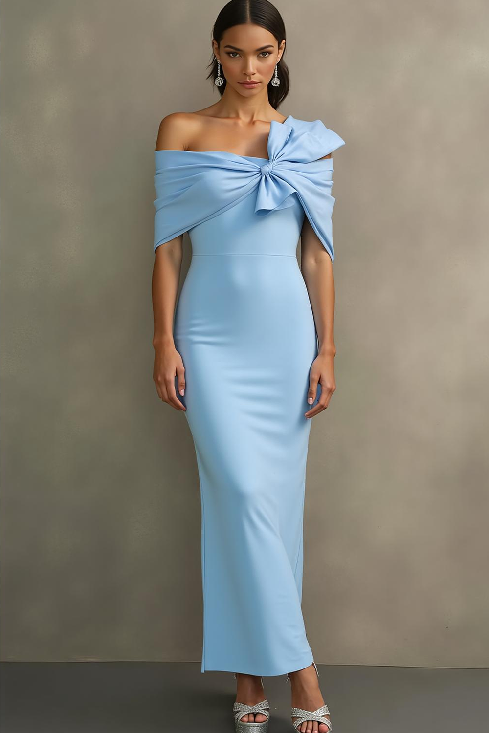 Sky Blue Mermaid Off the Shoulder Long Formal Dress with Bow
