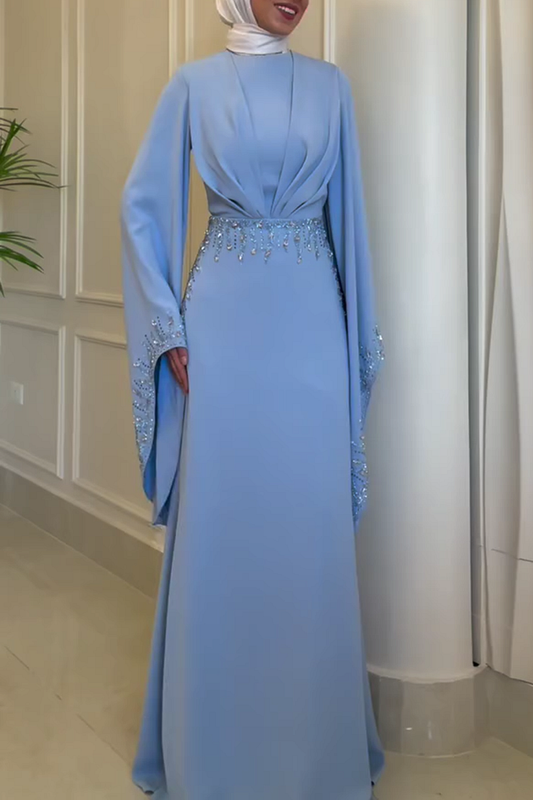 Hot Drilling Irregular Sleeve Pleated Party Maxi Dresses-Blue