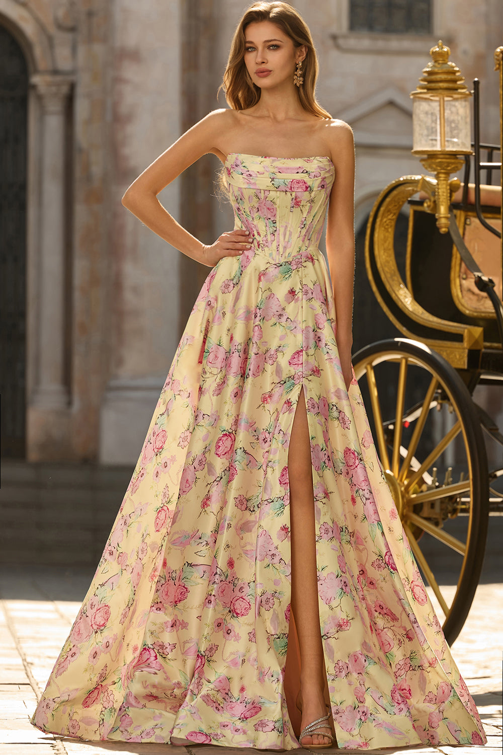 Yellow Pink Flowers A-Line Strapless Corset Backless Long Prom Dress