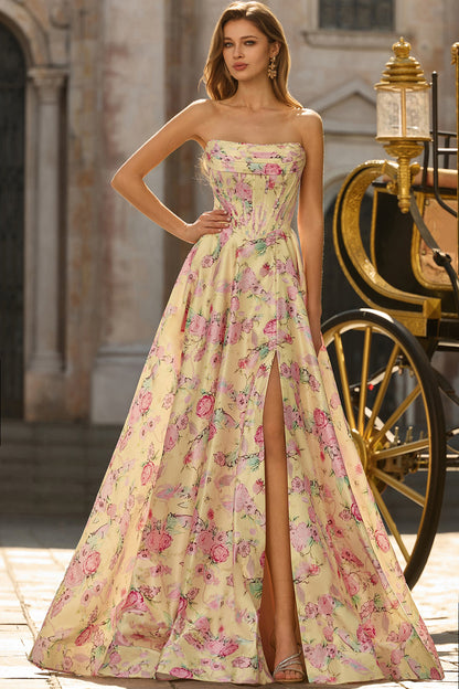 Yellow Pink Flowers A-Line Strapless Corset Backless Long Prom Dress