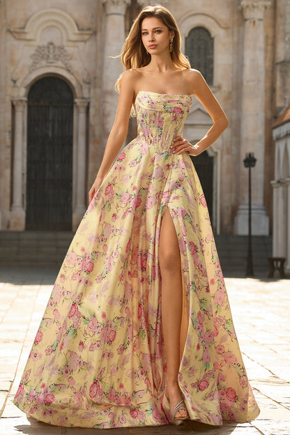 Yellow Pink Flowers A-Line Strapless Corset Backless Long Prom Dress