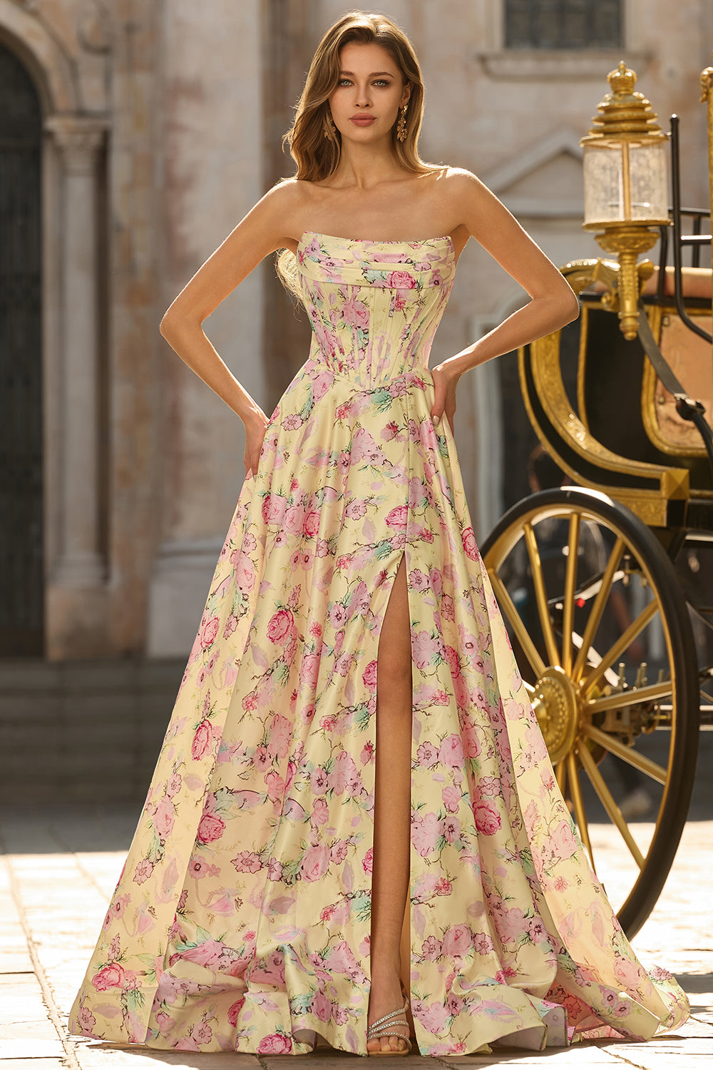 Yellow Pink Flowers A-Line Strapless Corset Backless Long Prom Dress