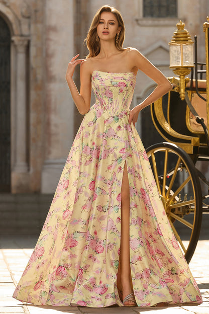 Yellow Pink Flowers A-Line Strapless Corset Backless Long Prom Dress