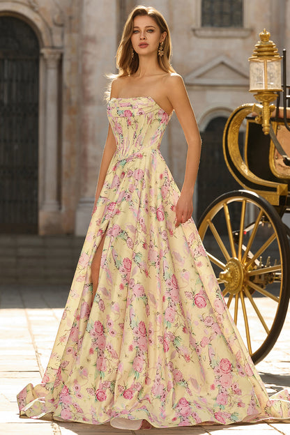 Yellow Pink Flowers A-Line Strapless Corset Backless Long Prom Dress