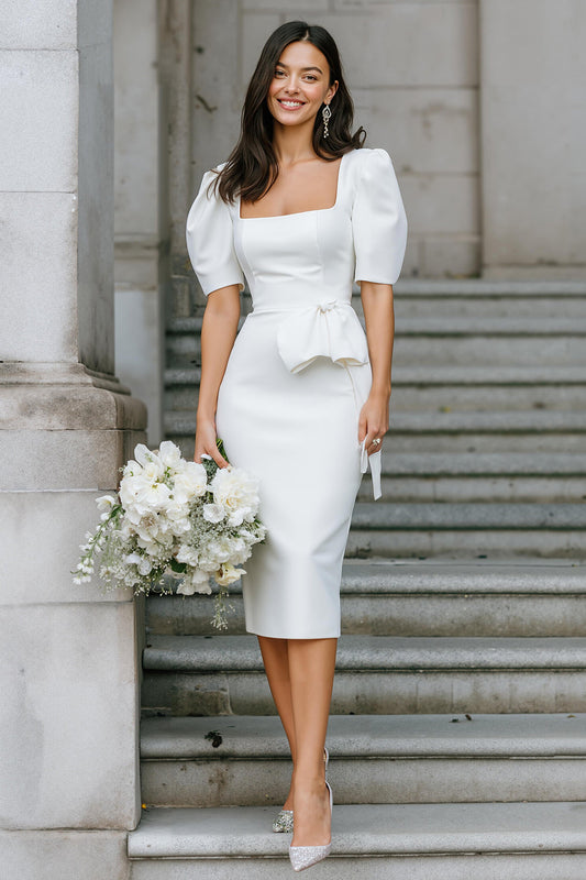 White Satin Square Neck Bodycon Midi Engagement Dress with Sleeves