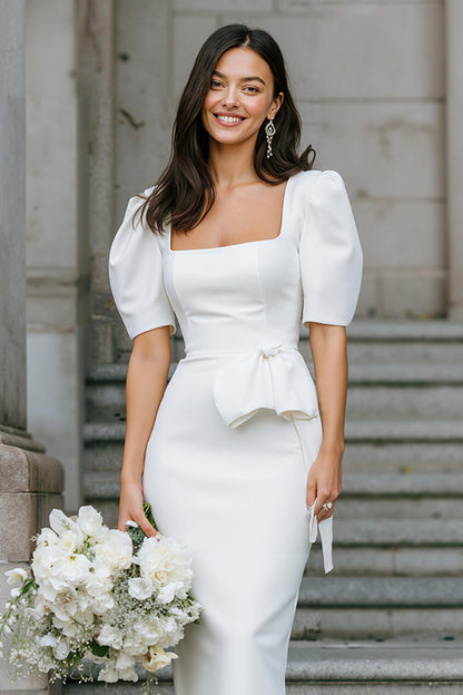 White Satin Square Neck Bodycon Midi Engagement Dress with Sleeves
