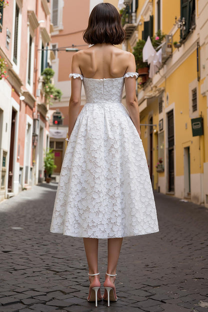 Lace Off the Shoulder A Line Midi Wedding Dress