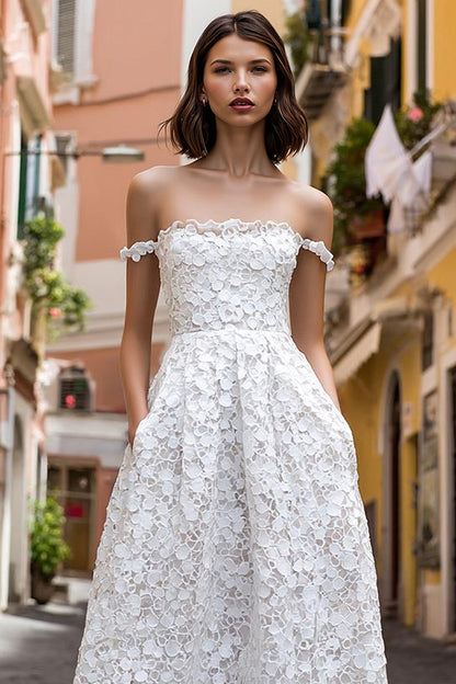 Lace Off the Shoulder A Line Midi Wedding Dress
