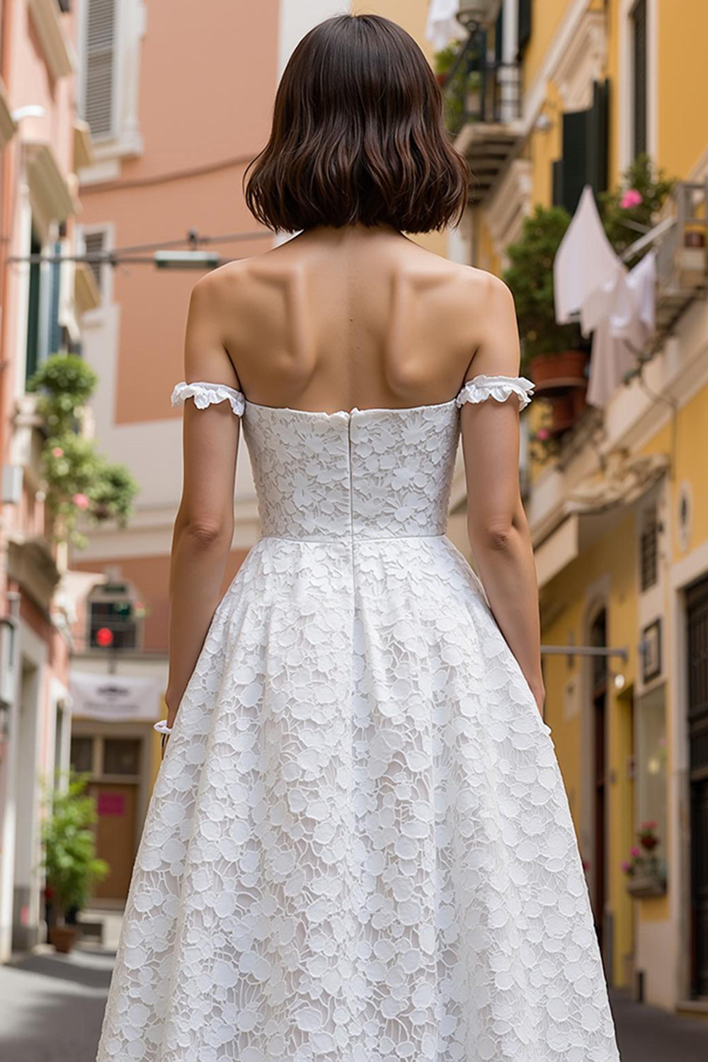 Lace Off the Shoulder A Line Midi Wedding Dress