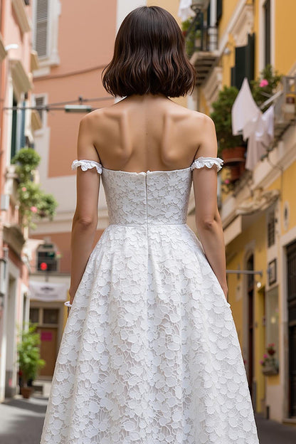 Lace Off the Shoulder A Line Midi Wedding Dress