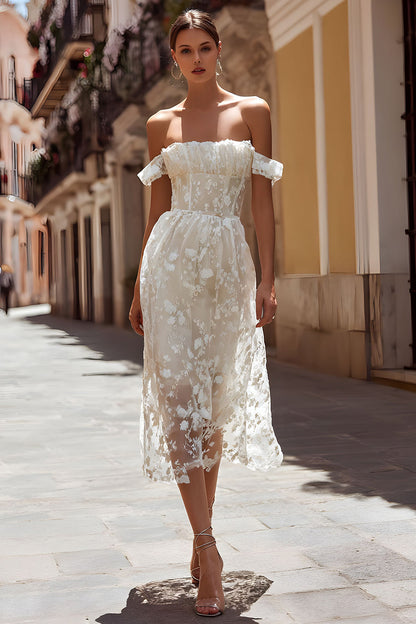 Ivory Floral Off the Shoulder Corset A Line Midi Wedding Dress